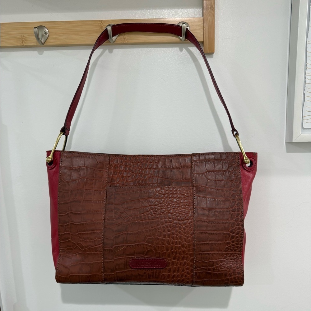 Hidesign EE Jupiter II Leather Shoulder Bag Croc Embossed Brown Red - Picture 2 of 13